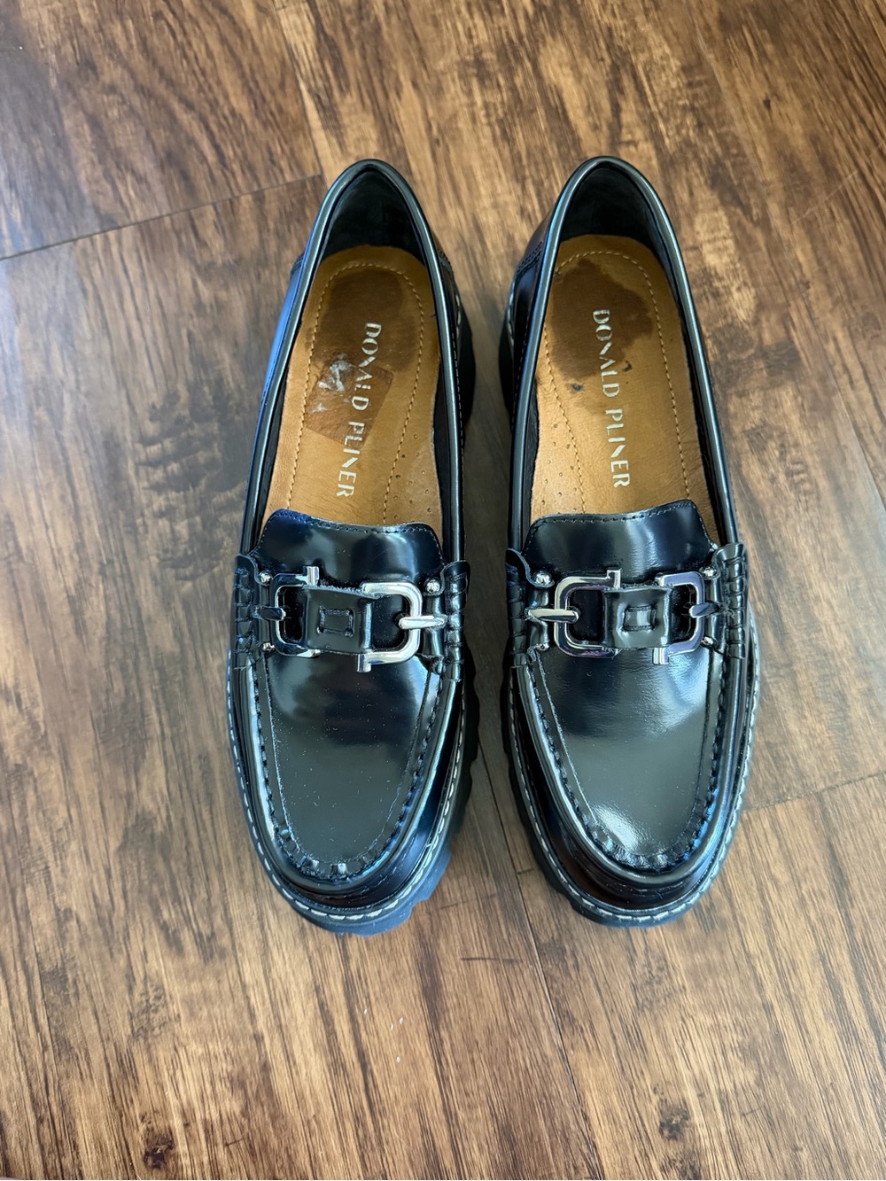 Donald J. Pliner Patent Black Loafers with Silver Bit